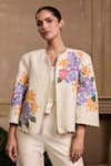 Buy_Chandrima_Ivory Chanderi Embellished Hydrangea Floral Applique Round Quilted Short Jacket _at_Aza_Fashions