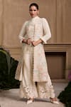 Buy_Chandrima_Ivory Chanderi Embellished Floral Quilted Open Long Jacket _at_Aza_Fashions