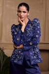 Buy_Chandrima_Blue Silk Satin Embellished 3d Floral V Neck Quilted Peplum Jacket _at_Aza_Fashions