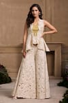 Chandrima_Ivory Chanderi Embellished Floral Applique Open Metallic Peplum Jacket _Online_at_Aza_Fashions