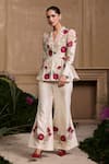 Chandrima_Ivory Chanderi Floral Applique V Neck Foliage Pleated Peplum Jacket _Online_at_Aza_Fashions