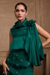 Buy_Chandrima_Green Silk Satin Embroidery Floral High Neck 3d Draped Top _at_Aza_Fashions