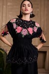 Buy_Chandrima_Black Chanderi Embroidery Rose Round Cutwork Peplum Top _at_Aza_Fashions