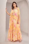 Buy_SAMMOHI BY MOKSHA AND HIRAL_Yellow Cape And Palazzo Georgette Printed Floral Kaftan Round Tiered & Set _at_Aza_Fashions