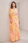 SAMMOHI BY MOKSHA AND HIRAL_Yellow Cape And Palazzo Georgette Printed Floral Kaftan Round Tiered & Set _Online_at_Aza_Fashions