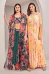 Buy_SAMMOHI BY MOKSHA AND HIRAL_Yellow Cape And Palazzo Georgette Printed Floral Kaftan Round Tiered & Set _Online_at_Aza_Fashions