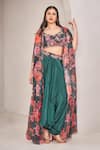 Buy_SAMMOHI BY MOKSHA AND HIRAL_Green Blouse And Cape Liquid Organza Printed Floral Tiered & Dhoti Pant Set _at_Aza_Fashions