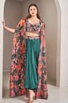 Shop_SAMMOHI BY MOKSHA AND HIRAL_Green Blouse And Cape Liquid Organza Printed Floral Tiered & Dhoti Pant Set _at_Aza_Fashions