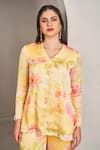 Shop_SAMMOHI BY MOKSHA AND HIRAL_Yellow Modal Satin Printed Floral V Neck Short Kurta And Pant Co-ord Set _Online_at_Aza_Fashions