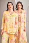 SAMMOHI BY MOKSHA AND HIRAL_Yellow Modal Satin Printed Floral V Neck Short Kurta And Pant Co-ord Set _at_Aza_Fashions