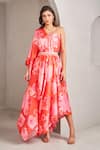 Buy_SAMMOHI BY MOKSHA AND HIRAL_Coral Modal Satin Printed One-shoulder Maxi Dress _at_Aza_Fashions