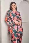 Buy_SAMMOHI BY MOKSHA AND HIRAL_Green Modal Satin Printed Floral V Neck Kurta And Dhoti Pant Set _Online_at_Aza_Fashions