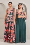 SAMMOHI BY MOKSHA AND HIRAL_Green Crepe Silk Printed Floral Scallop V Peplum Kurta Sharara Set _Online_at_Aza_Fashions