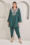 Buy_SAMMOHI BY MOKSHA AND HIRAL_Green Dupion Silk Embroidered Pearl Notched Tunic And Tulip Pant Set _at_Aza_Fashions