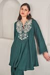 Buy_SAMMOHI BY MOKSHA AND HIRAL_Green Dupion Silk Embroidered Pearl Notched Tunic And Tulip Pant Set _Online_at_Aza_Fashions