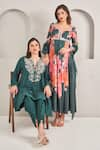 Shop_SAMMOHI BY MOKSHA AND HIRAL_Green Dupion Silk Embroidered Pearl Notched Tunic And Tulip Pant Set _Online_at_Aza_Fashions