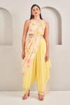 Buy_SAMMOHI BY MOKSHA AND HIRAL_Yellow Crepe Silk Printed Floral Embroidered Pre-draped Dhoti Saree With Blouse _at_Aza_Fashions