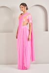 SAMMOHI BY MOKSHA AND HIRAL_Pink Saree Georgette Embroidered Pearl Round Tassel Pre-draped With Blouse _Online_at_Aza_Fashions