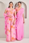 Shop_SAMMOHI BY MOKSHA AND HIRAL_Pink Saree Georgette Embroidered Pearl Round Tassel Pre-draped With Blouse _Online_at_Aza_Fashions