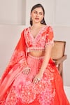 SAMMOHI BY MOKSHA AND HIRAL_Coral Liquid Organza Printed V Neck Embroidered Lehenga Set _at_Aza_Fashions