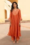 Shop_ASRUMO_Orange Chanderi Embroidery Ditsy Bloom Split V Neck Sienna Kurta Pant Set _Online_at_Aza_Fashions