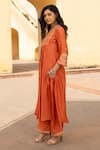 ASRUMO_Orange Chanderi Embroidery Ditsy Bloom Split V Neck Sienna Kurta Pant Set _at_Aza_Fashions