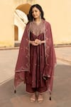 Buy_ASRUMO_Wine Chanderi Embroidery Ditsy Blossom Split V Neck Sienna Kurta Pant Set _at_Aza_Fashions