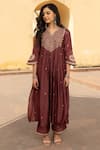 Buy_ASRUMO_Wine Chanderi Embroidery Ditsy Blossom Split V Neck Sienna Kurta Pant Set _Online_at_Aza_Fashions