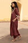 Shop_ASRUMO_Wine Chanderi Embroidery Ditsy Blossom Split V Neck Sienna Kurta Pant Set _Online_at_Aza_Fashions