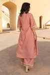 Shop_ASRUMO_Pink Chanderi Embroidery Mukaish Split V Neck Pintucked Yoke Kurta Pant Set _at_Aza_Fashions