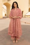 ASRUMO_Pink Chanderi Embroidery Mukaish Split V Neck Pintucked Yoke Kurta Pant Set _Online_at_Aza_Fashions