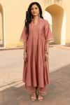 Buy_ASRUMO_Pink Chanderi Embroidery Mukaish Split V Neck Pintucked Yoke Kurta Pant Set _Online_at_Aza_Fashions