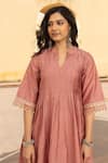 Buy_ASRUMO_Pink Chanderi Embroidery Mukaish Split V Neck Pintucked Yoke Kurta Pant Set 