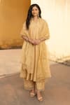 Shop_ASRUMO_Yellow Chanderi Embroidery Mukaish Split V Pintucked Yoke Work Kurta Pant Set 