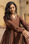 Buy_ASRUMO_Brown Chanderi Embroidery Wildblossom Split V Neck Anarkali Pant Set _Online_at_Aza_Fashions