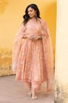 Buy_ASRUMO_Peach Cotton Handblock Print Bloom V Neck Anarkali Set _at_Aza_Fashions