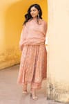 ASRUMO_Peach Cotton Handblock Print Bloom V Neck Anarkali Set _Online_at_Aza_Fashions