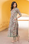 Shop_ASRUMO_Green Cotton Handblock Print Blossom V Neck Anarkali Set _Online_at_Aza_Fashions