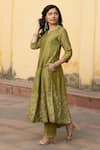 Shop_ASRUMO_Green Chanderi Embroidery Zari Gul Jaal Notched Round Neck Anarkali Pant Set _Online_at_Aza_Fashions