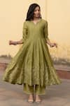 Buy_ASRUMO_Green Chanderi Embroidery Zari Gul Jaal Notched Round Neck Anarkali Pant Set 