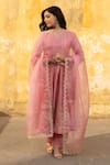 Buy_ASRUMO_Pink Chanderi Embroidery Zari Gullista Jaal Notched Round Neck Anarkali Pant Set _at_Aza_Fashions