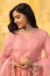 ASRUMO_Pink Chanderi Embroidery Zari Gullista Jaal Notched Round Neck Anarkali Pant Set _Online_at_Aza_Fashions