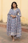 Buy_ASRUMO_Blue Chanderi Print Gardenia Sweetheart Neck Handblock Anarkali Set _at_Aza_Fashions