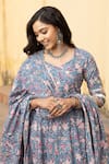 ASRUMO_Blue Chanderi Print Gardenia Sweetheart Neck Handblock Anarkali Set _Online_at_Aza_Fashions