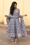 Shop_ASRUMO_Blue Chanderi Print Gardenia Sweetheart Neck Handblock Anarkali Set _Online_at_Aza_Fashions