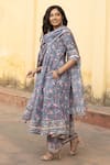 ASRUMO_Blue Chanderi Print Gardenia Sweetheart Neck Handblock Anarkali Set _at_Aza_Fashions