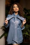 Shop_Sonam Parmar Jhawar_Blue Metallic Denim Round Tie-up Shirt And Skirt Set _at_Aza_Fashions