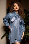 Sonam Parmar Jhawar_Blue Metallic Denim Round Tie-up Shirt And Skirt Set _Online_at_Aza_Fashions