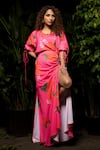 Shop_Sonam Parmar Jhawar_Pink Crepe Blend Printed Floral Round Amelia Slit Dress With Belt _at_Aza_Fashions