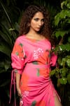 Sonam Parmar Jhawar_Pink Crepe Blend Printed Floral Round Amelia Slit Dress With Belt _Online_at_Aza_Fashions